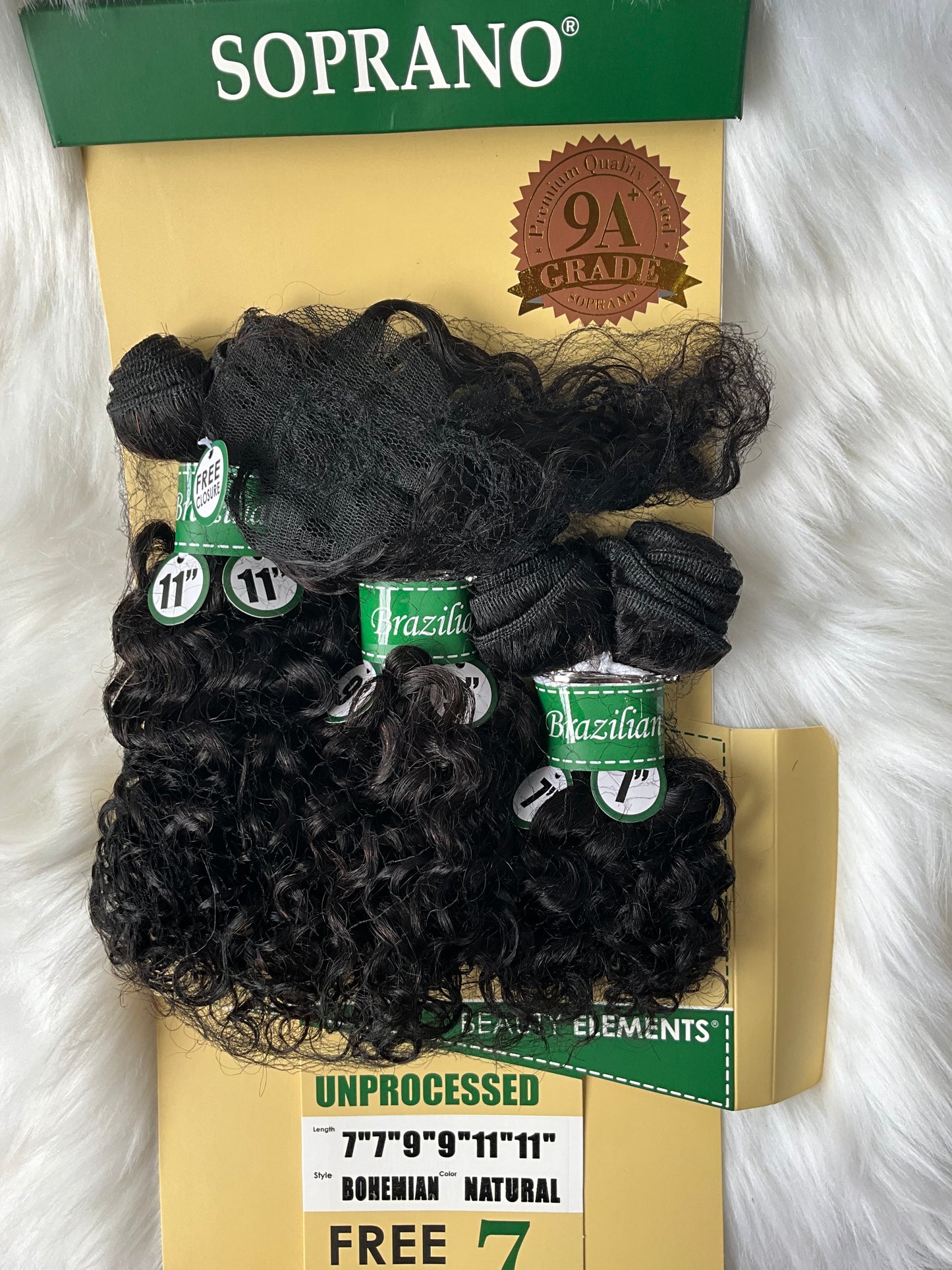 7pcs Soprano Brazilian 100% Virgin Remi Human Hair w/ Free Closure, 7"7"9"9"11"11"